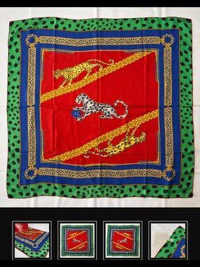 Cartier Red, Green, Blue & Gold Leopard Silk Scarf